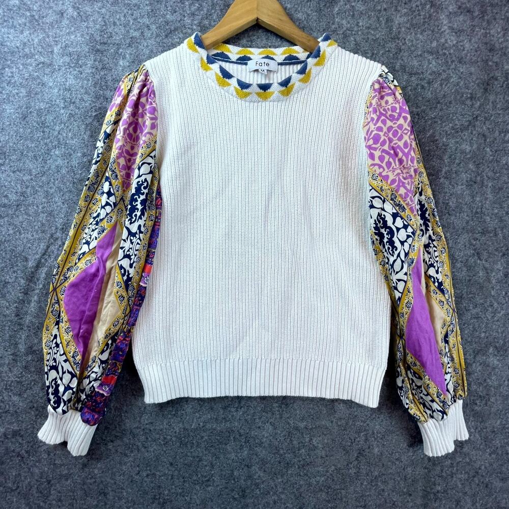 Fate Sweater Blouse Womens Medium Floral Cotton Knit Crew Neck Boho Garden